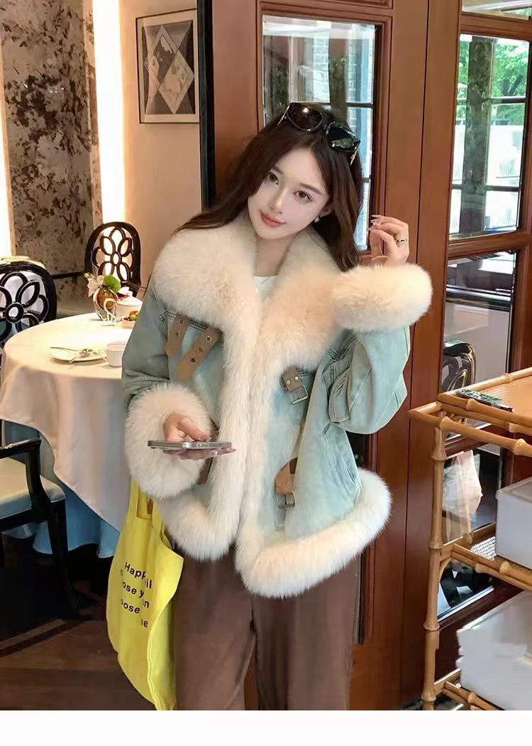 韩系羽绒服毛领名媛蓝色牛仔外套女冬季羽绒加厚保暖皮草毛绒大衣