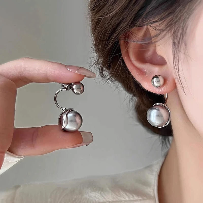 铜合金仿珍珠耳饰  轻奢灰珍珠耳环气质前后式耳坠简约耳饰