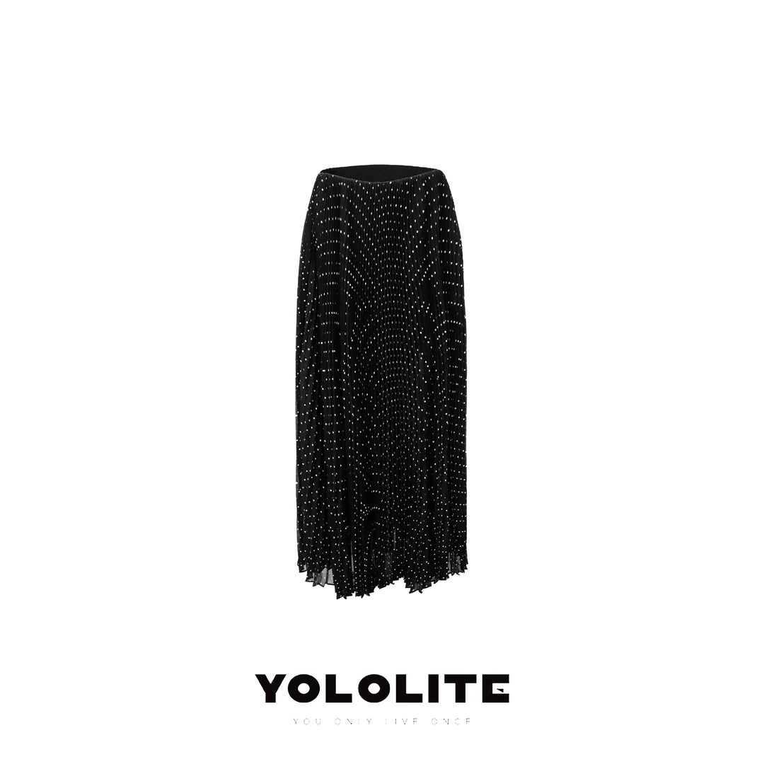 YOLOLITE【月河星沙】2832新款白点黑色松紧腰及地裙半身裙