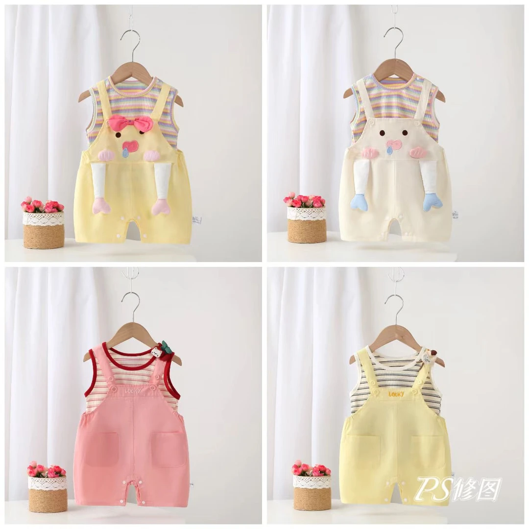 女宝宝立体卡通超萌洋气背带裤两件套夏天婴儿条纹T恤哈衣套装