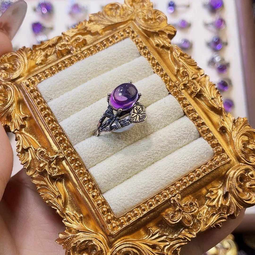 羽毛925银紫水荷塘有冰戒指（特价不退换）