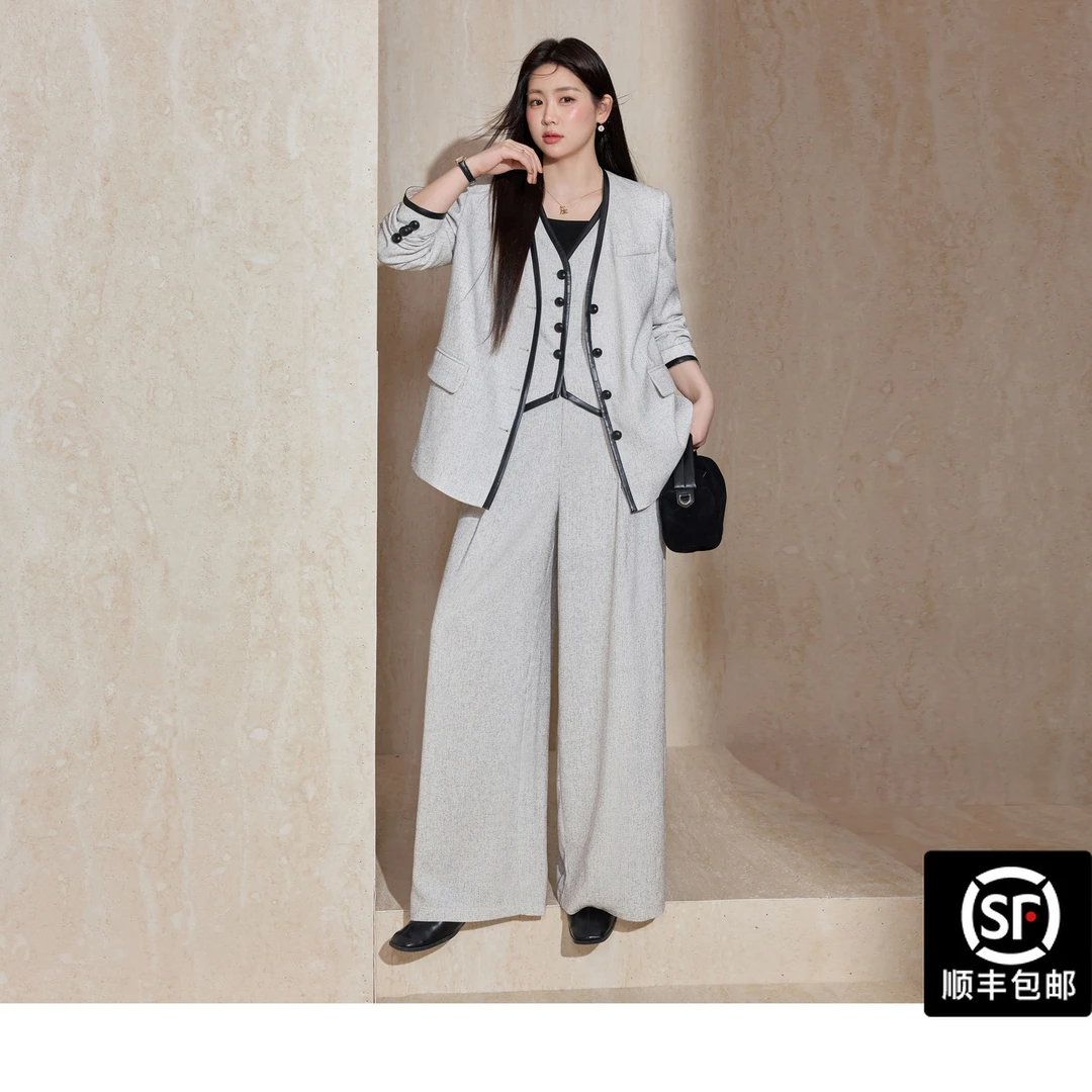 蓝语大码女装休闲气质穿搭三件套老钱风西装外套马甲阔腿裤18271