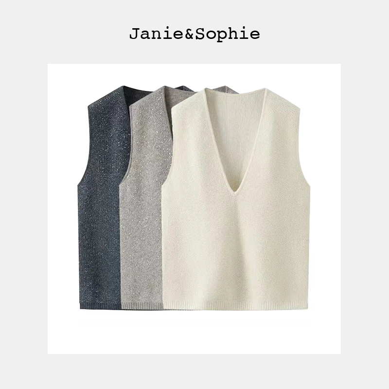 Janie&Sophie新款BC风V领亮片纱羊毛马甲