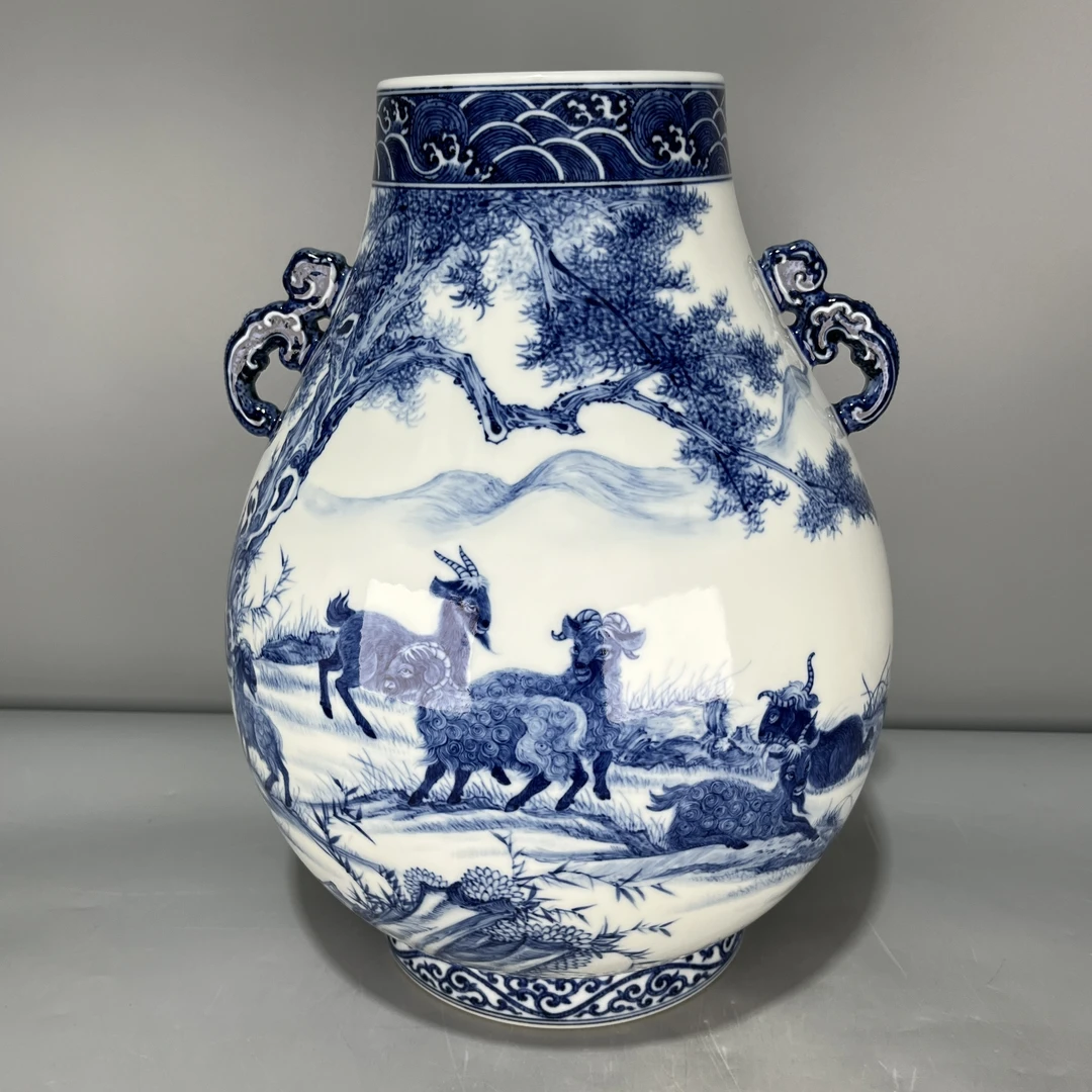 仿古瓷 仿古大清雍正年制青花山羊图双耳尊