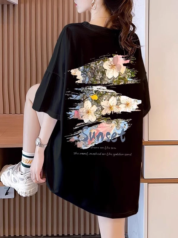 黑色纯棉t恤女短袖2025新款爆款夏季设计感小众体恤花朵印花上衣
