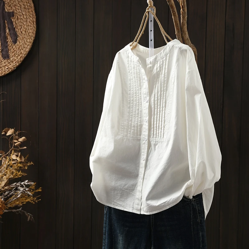 风琴褶皱纯棉白衬衫女宽松长袖2025秋季简约休闲百搭立领气质衬衣
