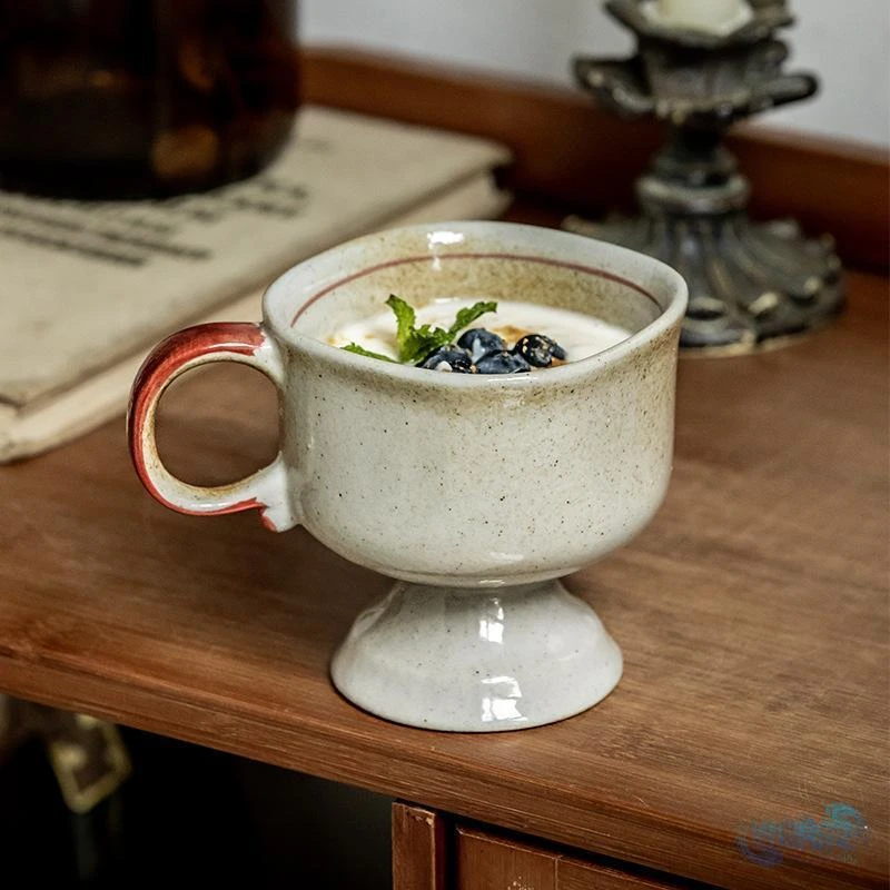 中古风做旧粗陶高脚杯家用小众咖啡杯日式手工杯子酸奶杯电商EEM