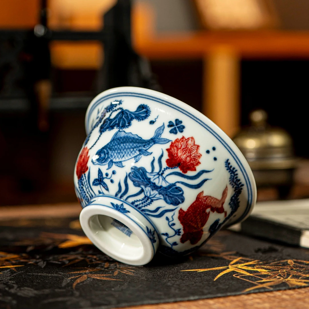 【墨舍名窑】屹朴青花釉里红岁晏有鱼压手杯 yipu1088陶瓷复古国风