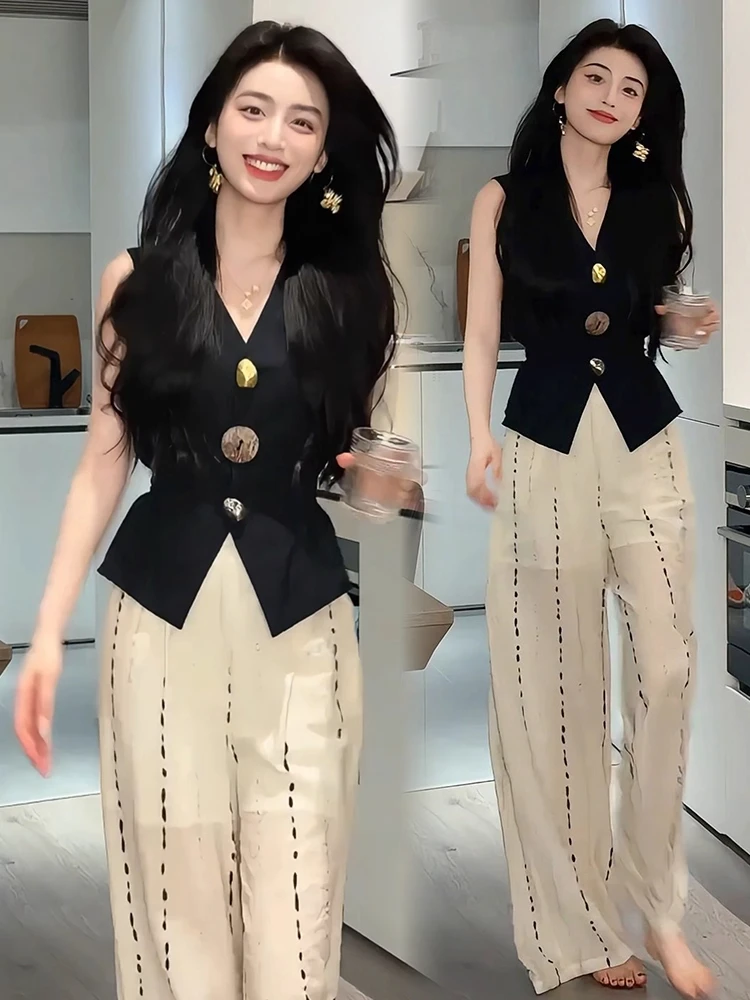 时尚套装女2025夏季新款显瘦V领短袖上衣阔腿裤轻奢高级小众女装
