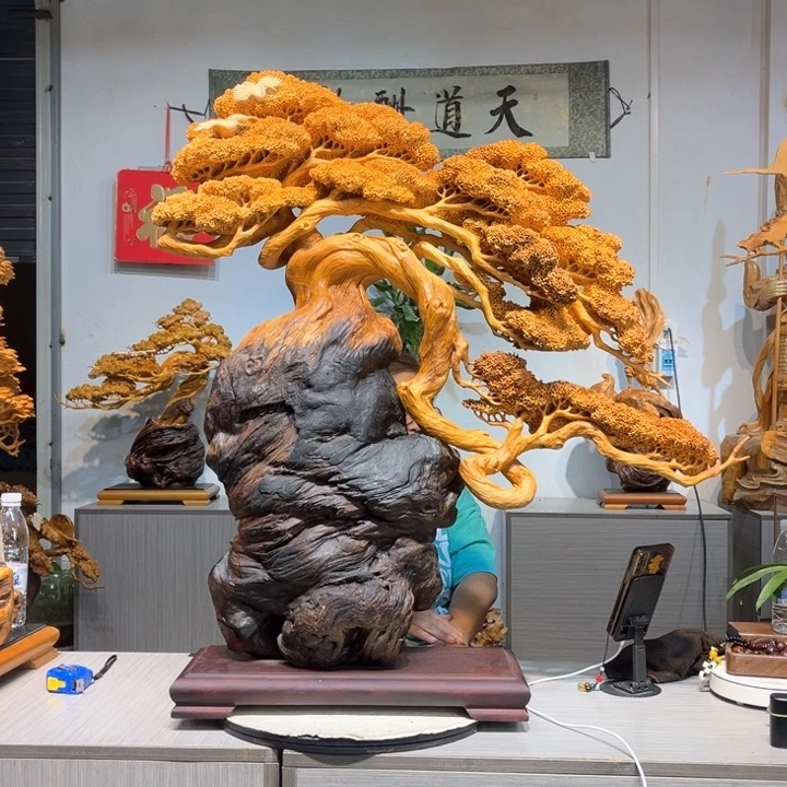 香榧木崖柏迎客松精品摆件