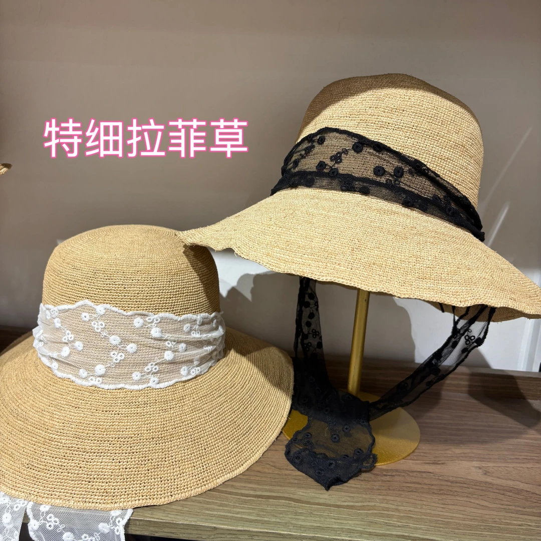 进口特细拉菲草朝鲜夏天夏季蕾丝草编女渔夫帽草帽日韩森系田园