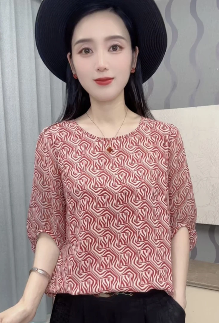 [红致雅韵]2025夏季新款圆领时尚遮肉显瘦洋气百搭中袖上衣女士