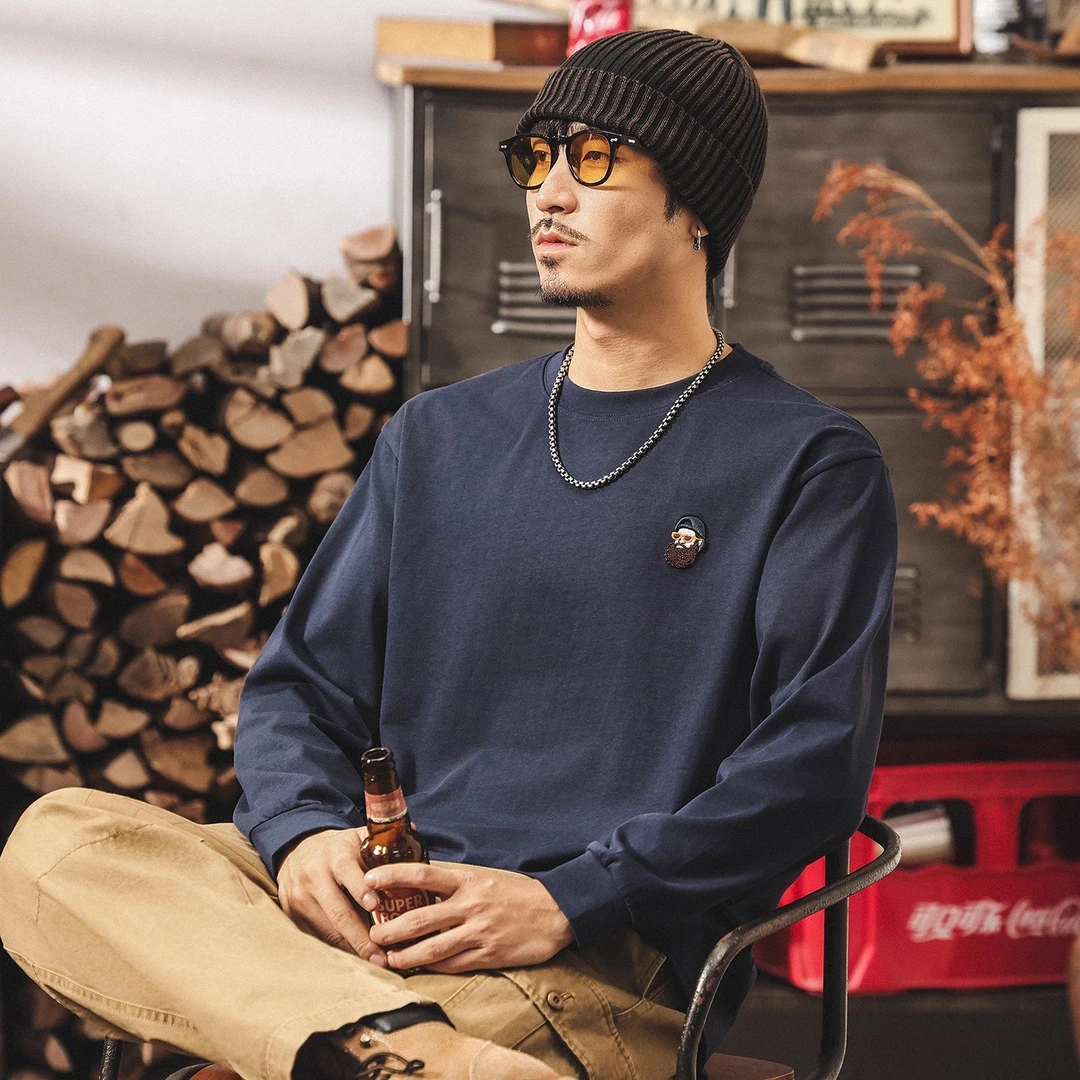 美式复古大码重磅t恤男长袖秋冬新款潮牌刺绣宽松休闲纯棉体恤男