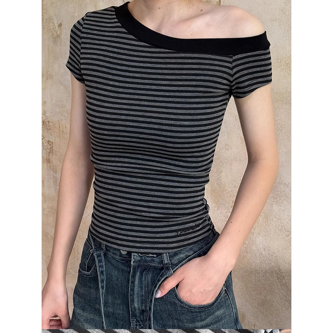 VintageTang美式辣妹装显瘦条纹短袖T恤女夏季修身上衣骁呐f0314