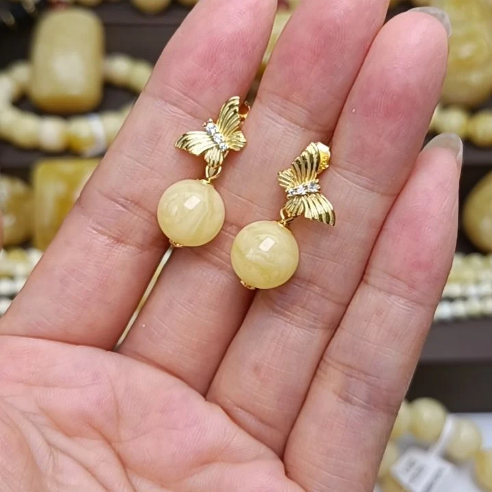 银S925镶嵌蜜蜡耳饰10珠径