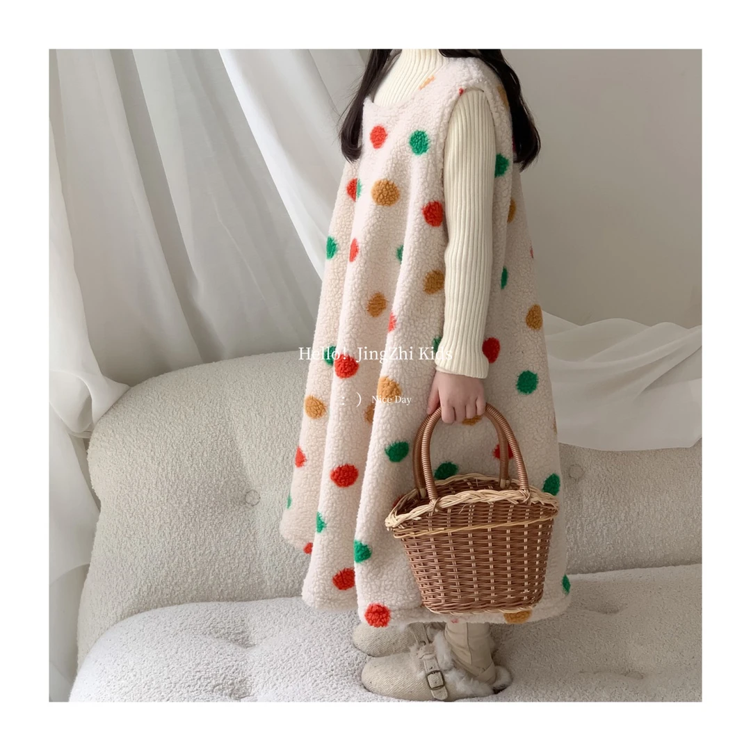 韩系童装女童彩色圆点毛毛背心裙秋冬新品女宝宝无袖羊羔毛连衣裙