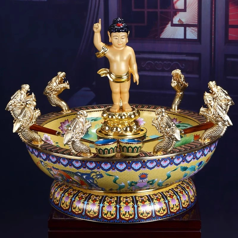 圆通台湾彩绘浴佛盆九龙吐水佛堂浴佛节用品释迦牟尼佛太子像摆件