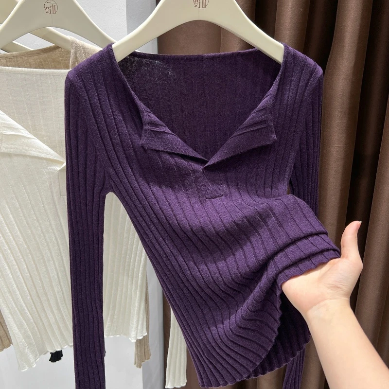 高级感轻奢紫色贵气半开领针织长袖T恤2025秋季亲肤洋气打底衫女