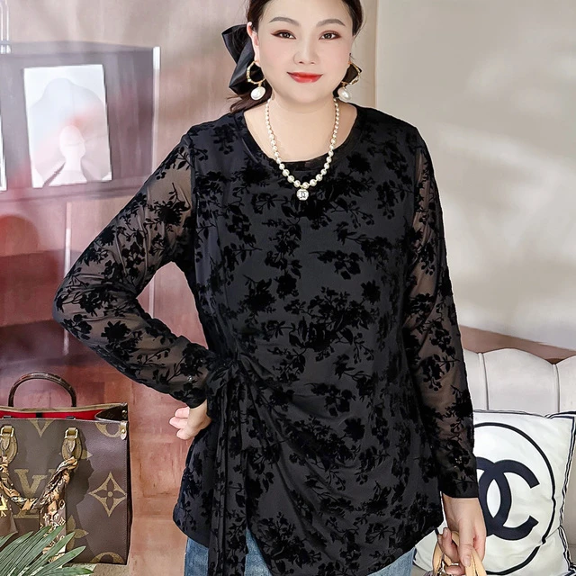 甜觅特大码女装2025秋装胖mm300斤淑女蝴蝶结网纱丝绒提花打底衫