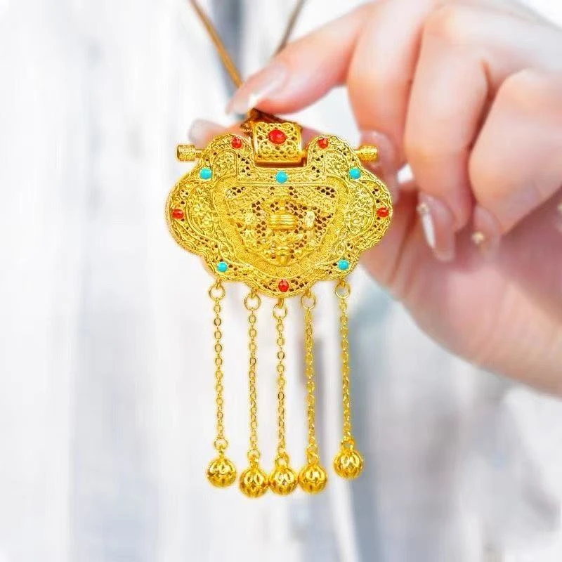 吊坠足银 足银珐琅拉丝镂空锁包吊坠花丝轻奢潮流挂坠女士项链