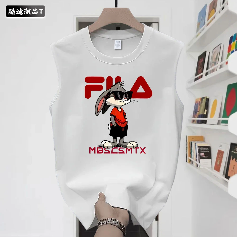 夏季美式街头风简约兔子印花运动背心男款痞帅百搭纯棉无袖上衣