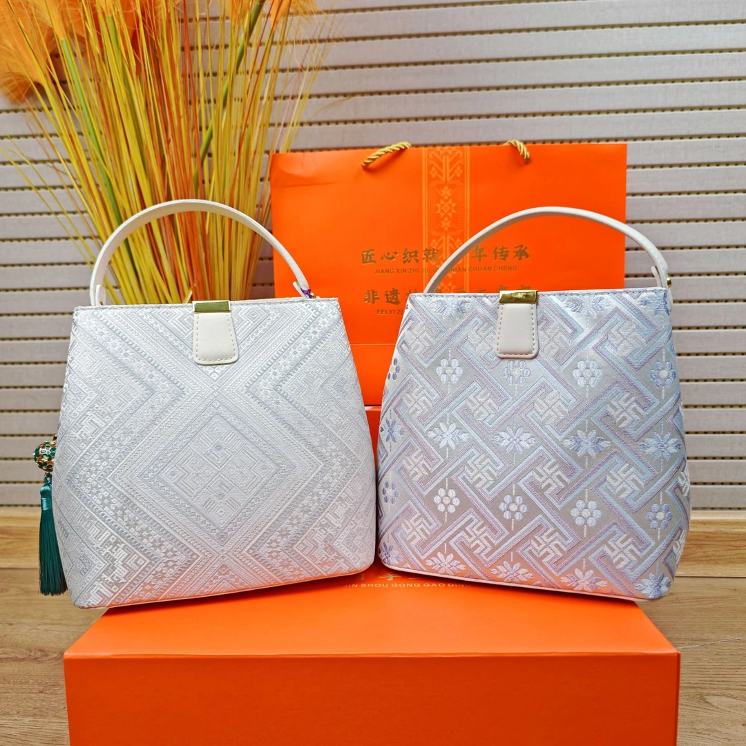 【壮锦手提水桶包】【双色可选】【官瑞】广西非遗好物手工壮锦包包休闲