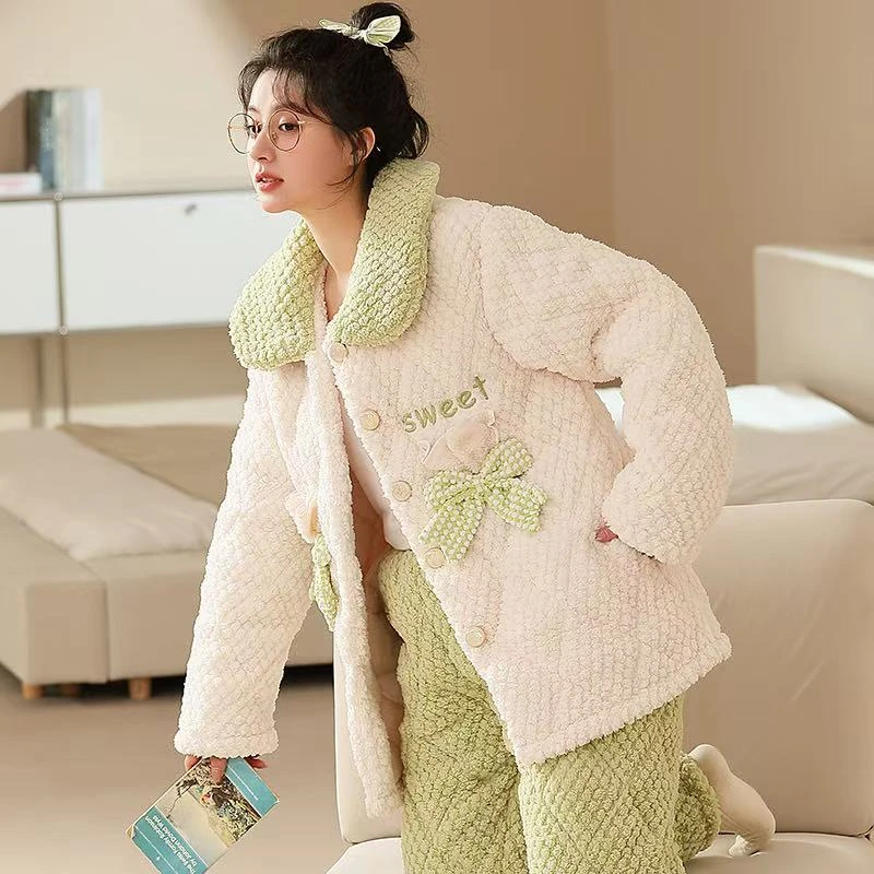 睡衣女冬季加厚加绒加厚保暖三层夹棉新款蝴蝶结郁金香家居服套装