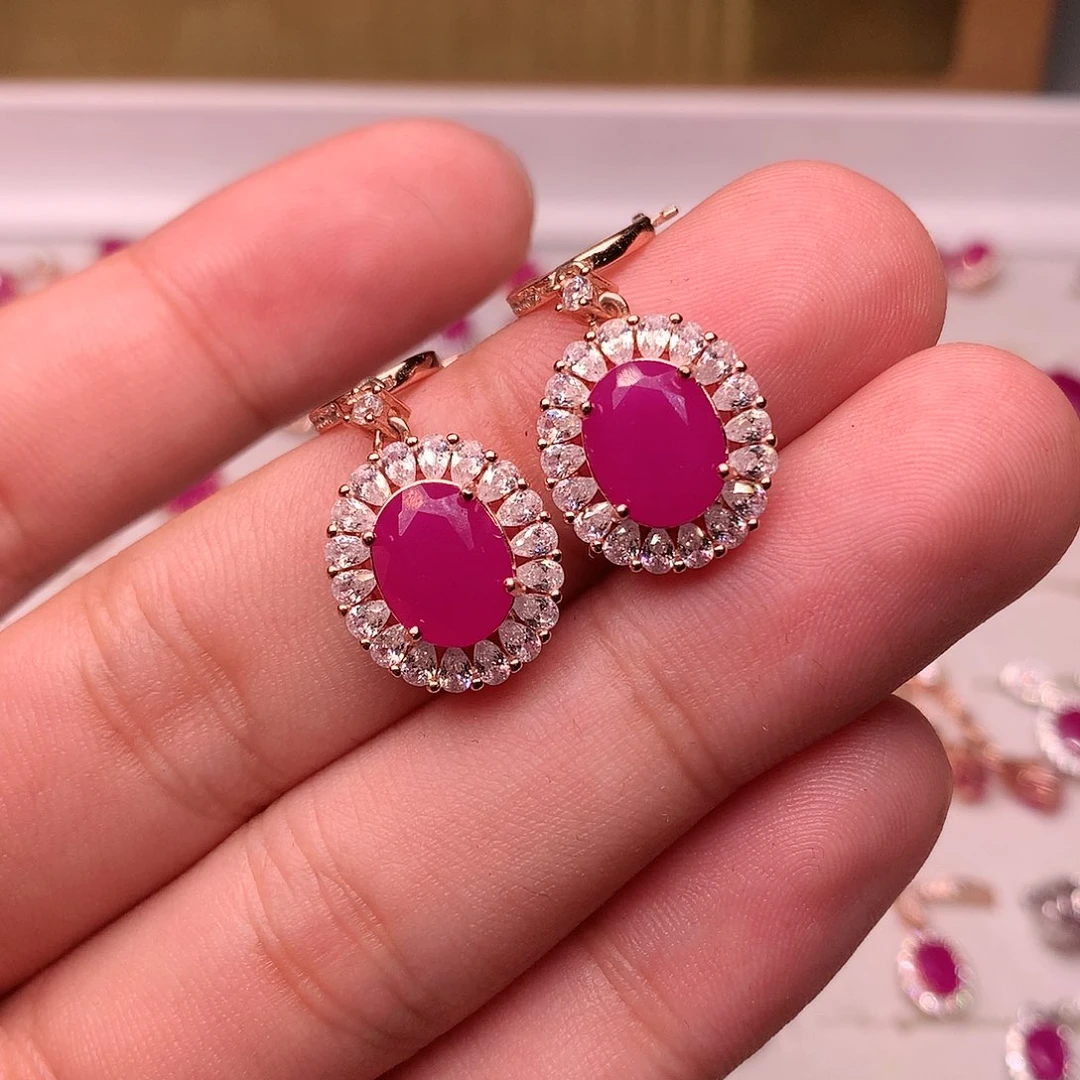 红宝石耳饰银S925镶嵌