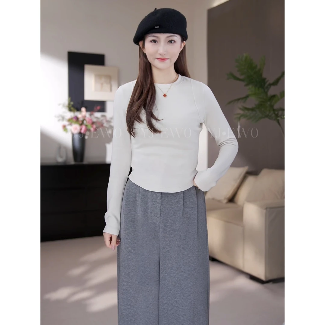 【小爽小个子】磨毛绒圆领百搭修身短款复古长袖打底-8122