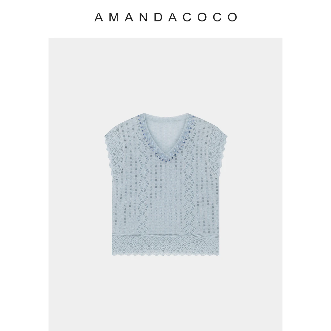 奈奈 | 夏日邂逅～夏季薄款钉钻v领镂空钩花法式飞袖针织衫