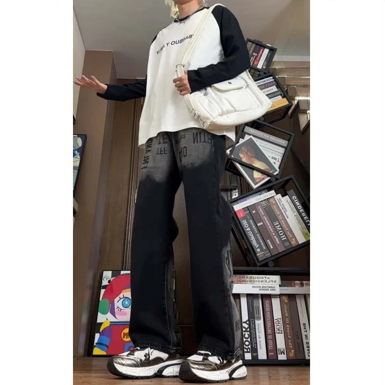 美式vintage水洗牛仔裤直筒宽松渐变字母oversize高街复古阔腿裤