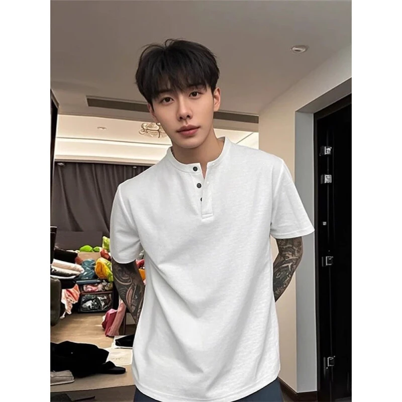 cleanfit白色亨利领短袖男夏季华夫格重磅正肩t恤美式运动polo衫