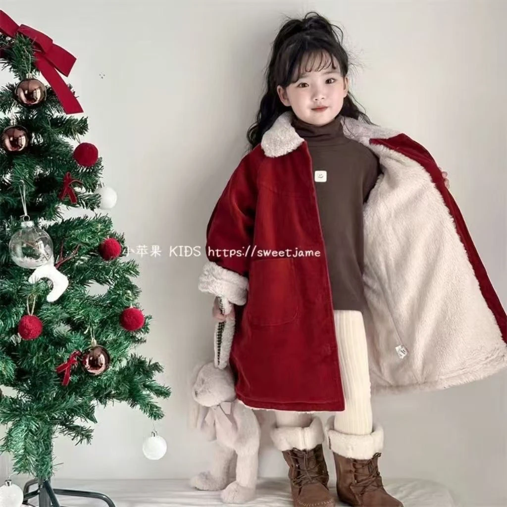 小女孩2025冬韩版女童宝宝可爱中长款灯芯绒外套儿童加绒翻领大衣