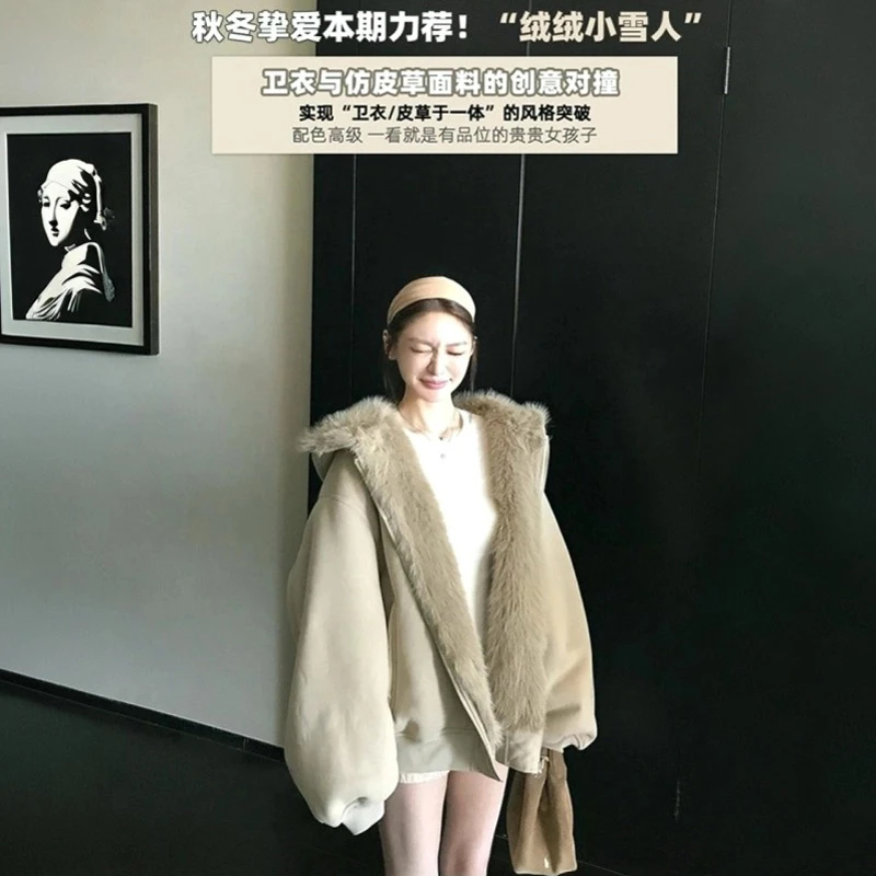 绒绒小雪人'可正反两穿!獨家定染环保仿皮草保暖连帽卫衣外套女