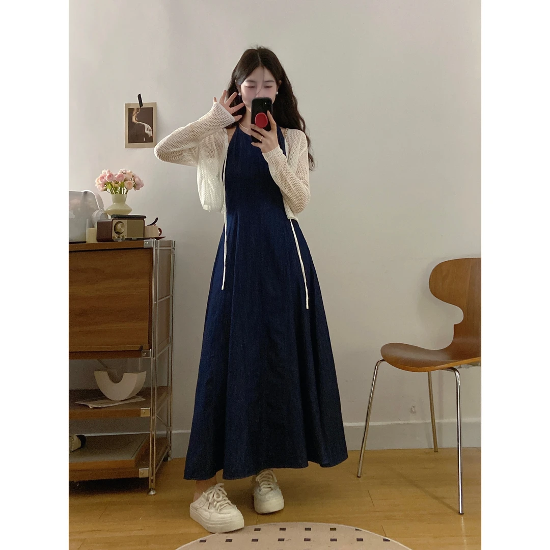 2025水洗吊带牛仔连衣裙女新款法式修身大摆吊带裙套装