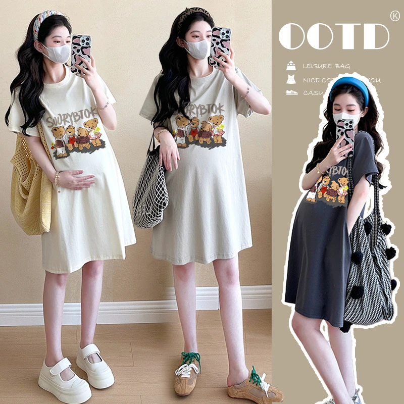 2025孕妇装夏季新款中长款T恤裙卡通有趣熊外穿气质高级感T恤上衣
