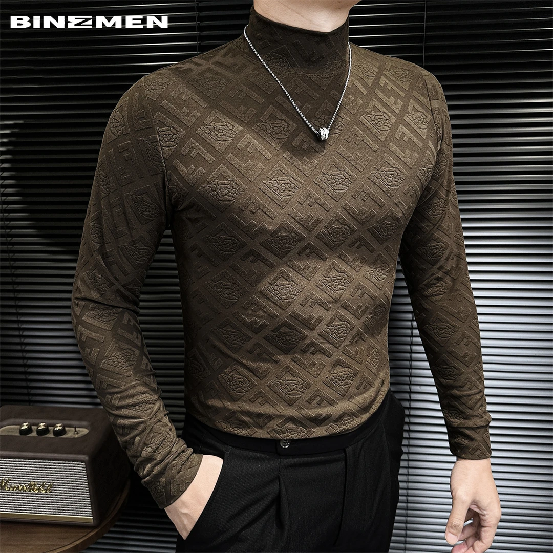 古典压花半高领打底衫男长袖男款爆款2025新款秋冬季贵气休闲T恤