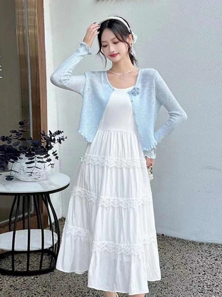 2025夏季新款女立体花朵卷边防晒针织上衣＋中长款吊带连衣裙套装