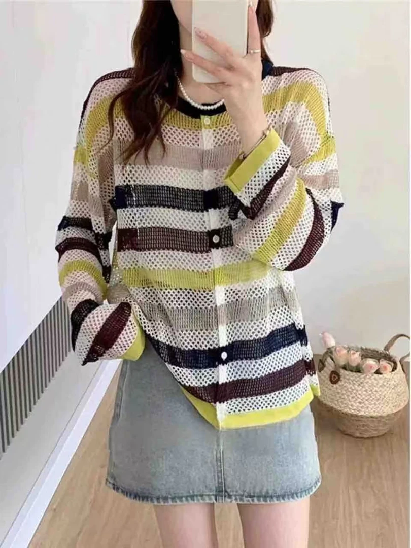 525 亚麻镂空横条拼色上衣长袖撞色圆领单排扣防晒宽松上衣