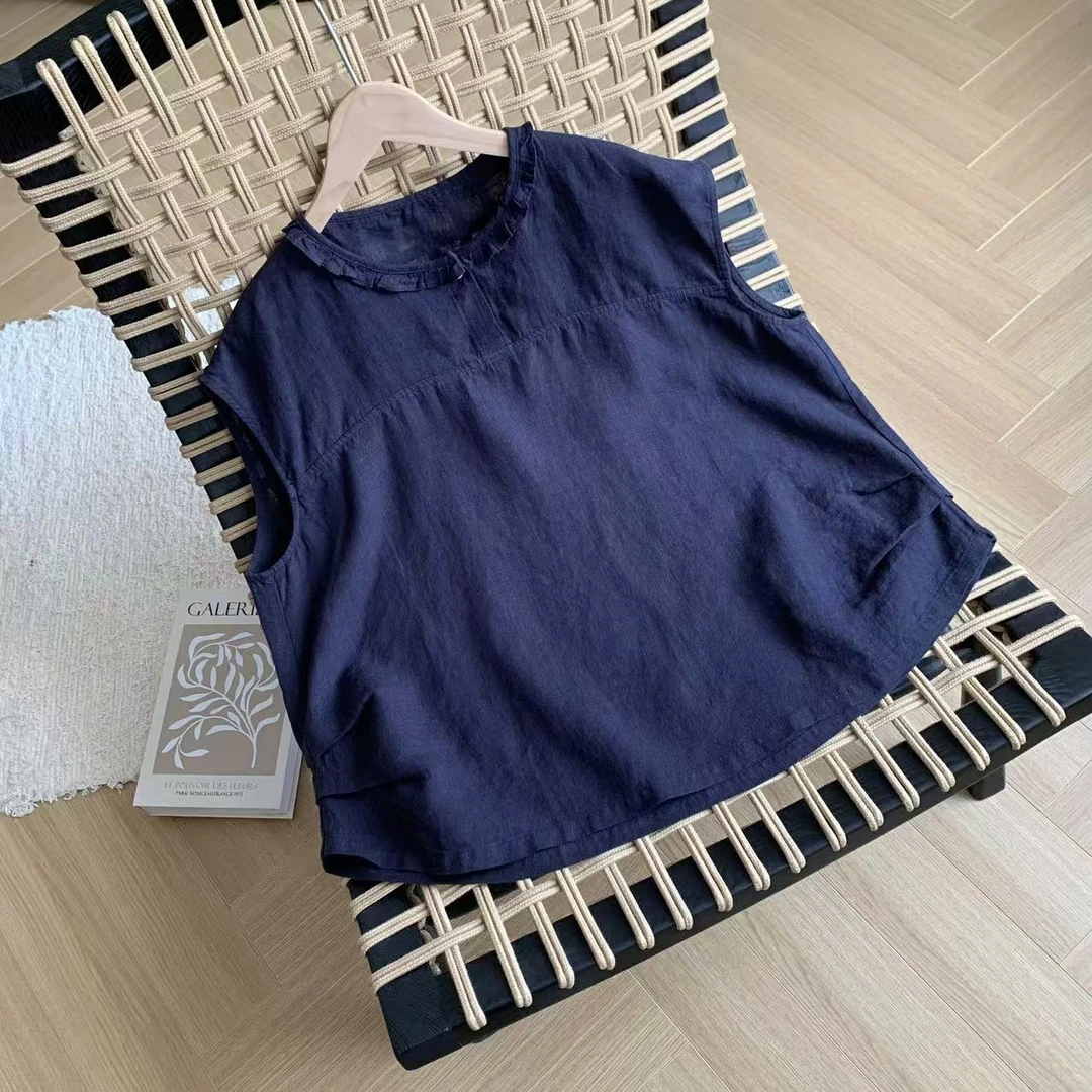 素心轻奢 2025夏季100%亚麻木耳花边气质百搭减龄圆领无袖上衣女