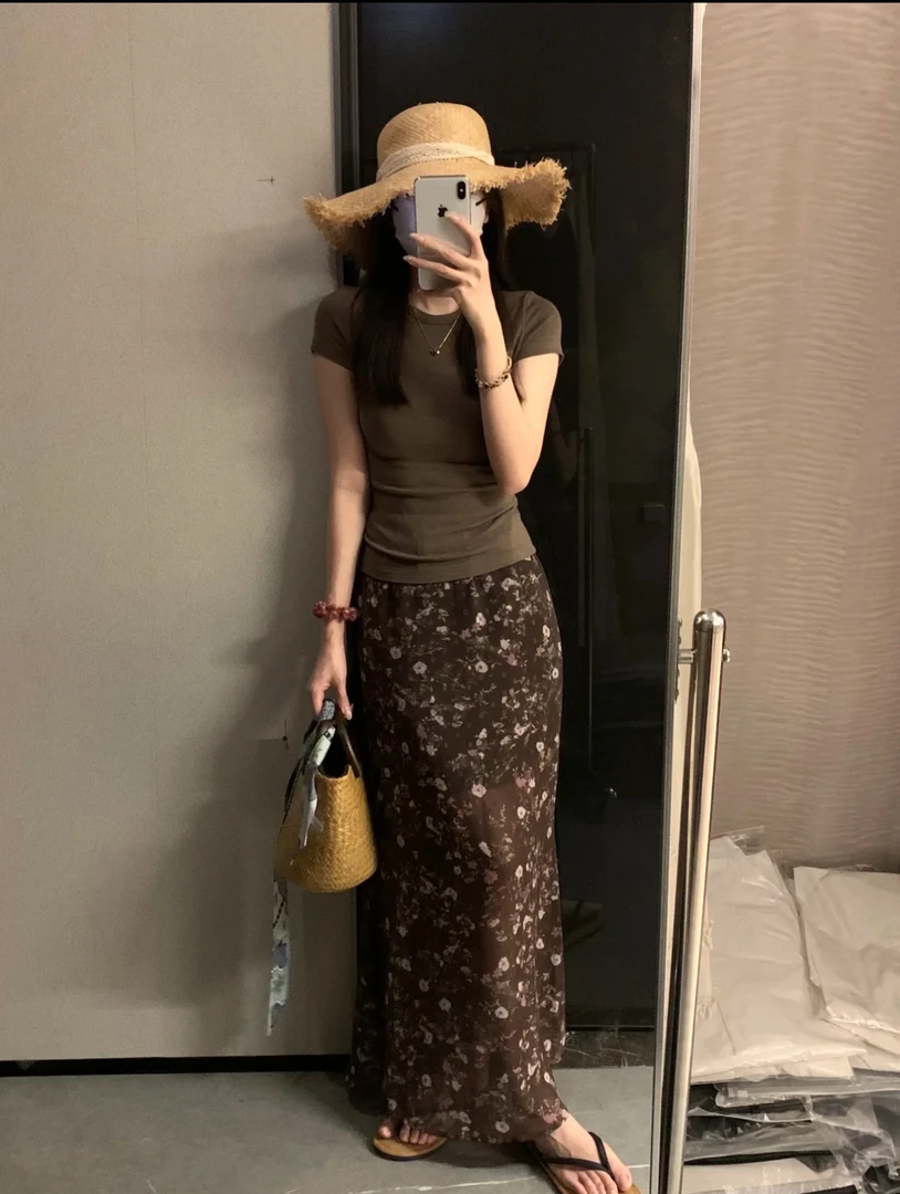 【ＤｕDu专属】简约上衣咖正肩短袖T恤女碎花半身裙长裙度假风两件套