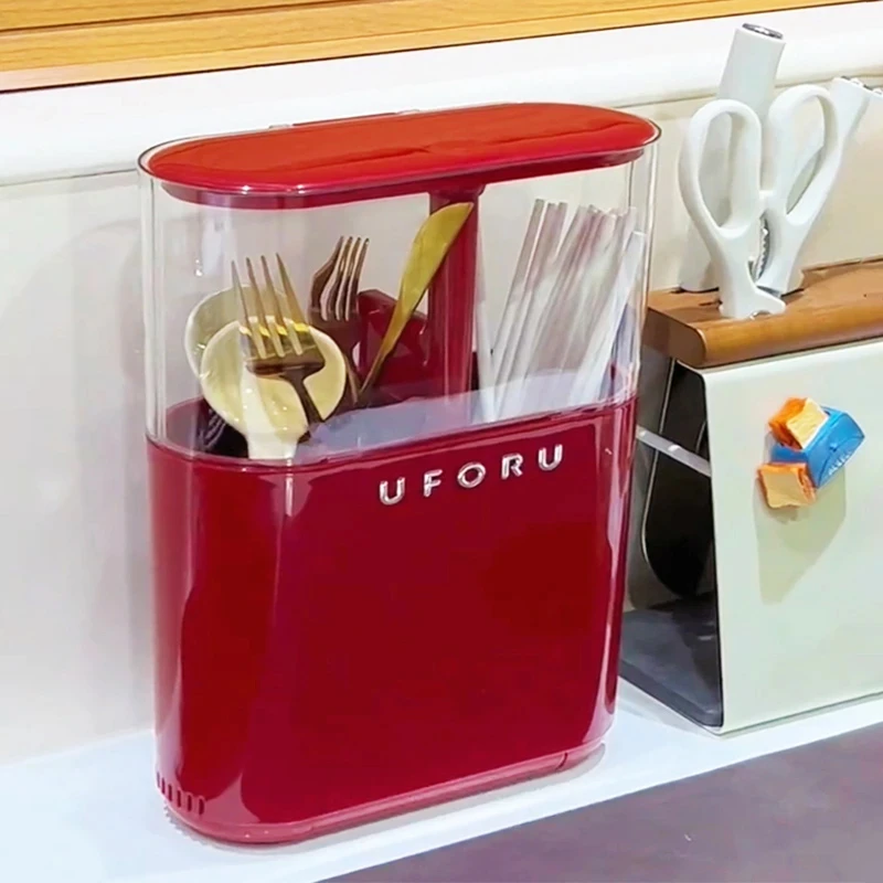 筷子笼餐具收纳筒免打孔壁挂家用厨房防尘有盖升降筷子勺子置物架