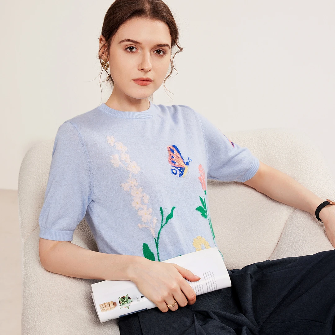 MIHUANG/米皇2025新款100山羊绒提花圆领女士羊绒短袖815013