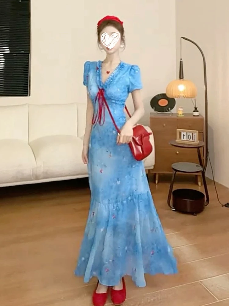 美奈美衣法式气质v领蓝色碎花连衣裙子女装