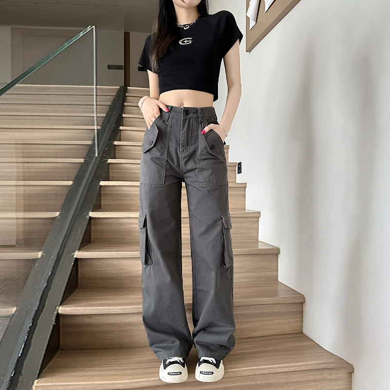 2025春款灰色高街辣妹时尚高腰直筒休闲工装裤女显瘦百搭Y2331