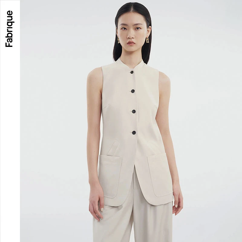 Fabrique小桃同款月牙领双口袋精纺马甲春季新款职场风无袖背心女