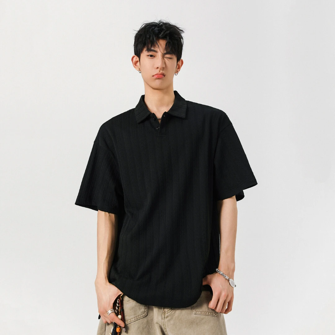 夏季新款提花短袖POLO衫男日系休闲青少年半袖T恤上衣服潮牌痞帅