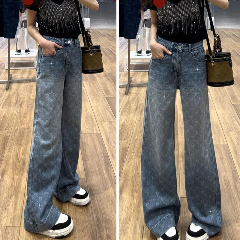 高腰显瘦印花烫钻牛仔裤女2025夏季新款宽松设计感直筒拖地长裤潮