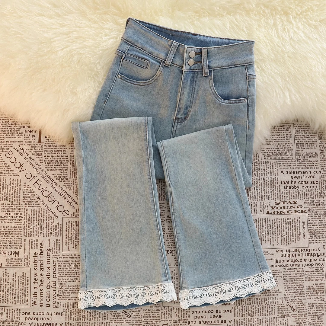 蕾丝微喇牛仔裤女秋季2025年新款高腰显瘦修身弹力小个子喇叭裤女