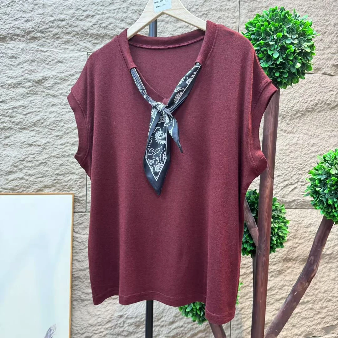 13498夏季新款丝带V领落肩袖时尚清爽显瘦T恤